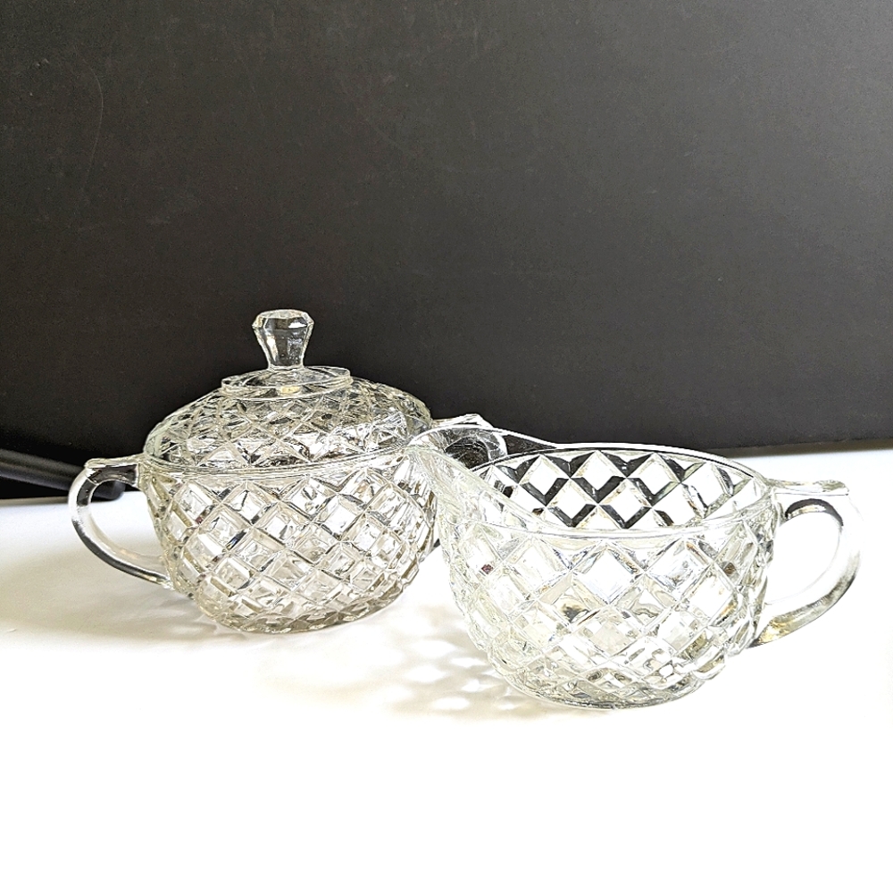 Anchor Hocking Glass Waterford Vintage Oval Creamer & Covered Sugar Bowl